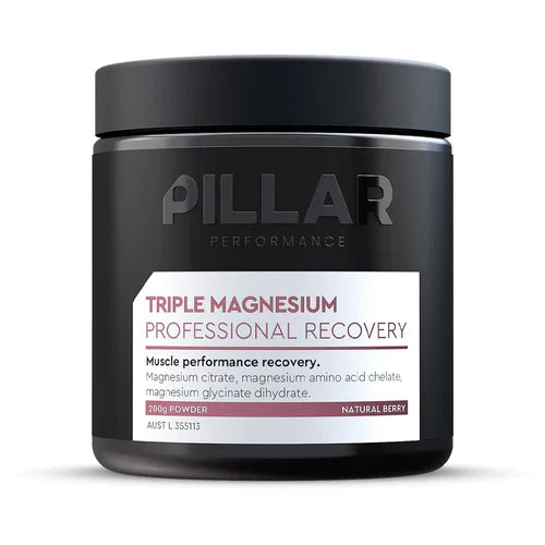 Pillar Performance Triple Magnesium Powder in a sleek container, showing the label and product packaging.