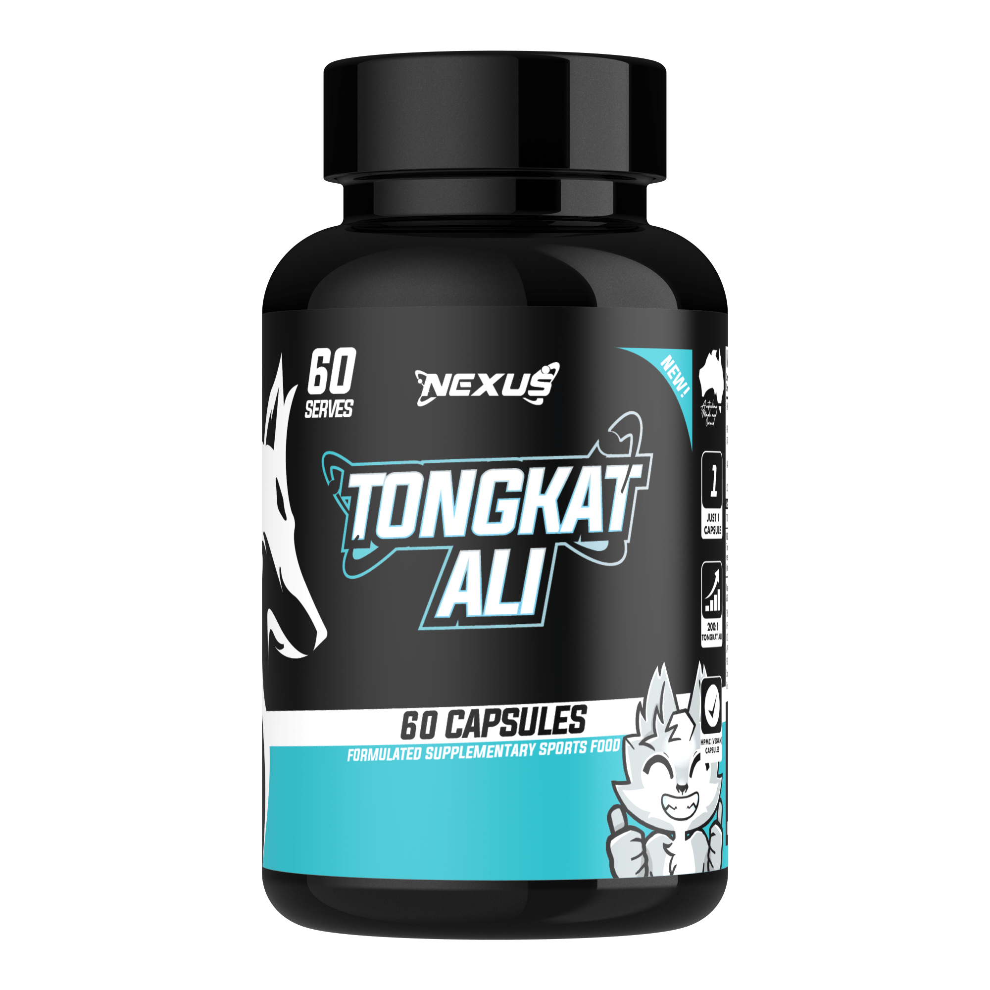 Nexus Sports Nutrition Tongkat Ali essentials supplement bottle with label, showcasing natural herbal extract for vitality.