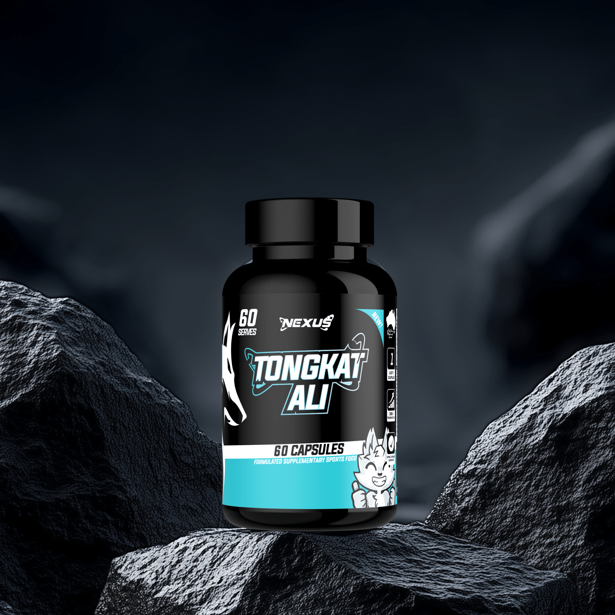 Nexus Sports Nutrition Tongkat Ali Essentials supplement bottle with label and capsules inside on a plain background.