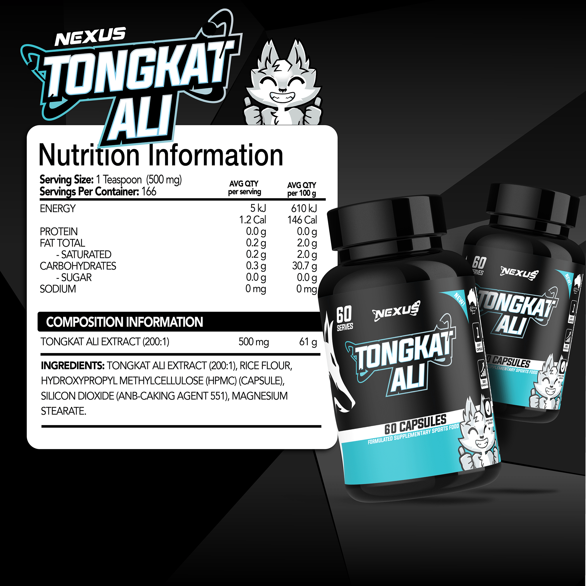 Nexus Sports Nutrition Tongkat Ali essentials supplement bottle with label, showing the herbal product for vitality and energy.
