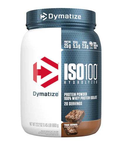 DYMATIZE ISO100 hydrolyzed protein powder container with Fudge Brownie flavor showing front label and product branding.