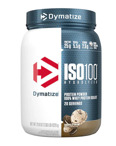 DYMATIZE ISO100 hydrolyzed protein powder in Cookies and Cream flavor, front view of the 20-serve container.