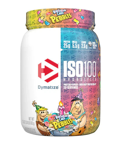 DYMATIZE ISO100 hydrolyzed protein powder container with birthday cake flavored pebbles, front view showcasing product packaging.