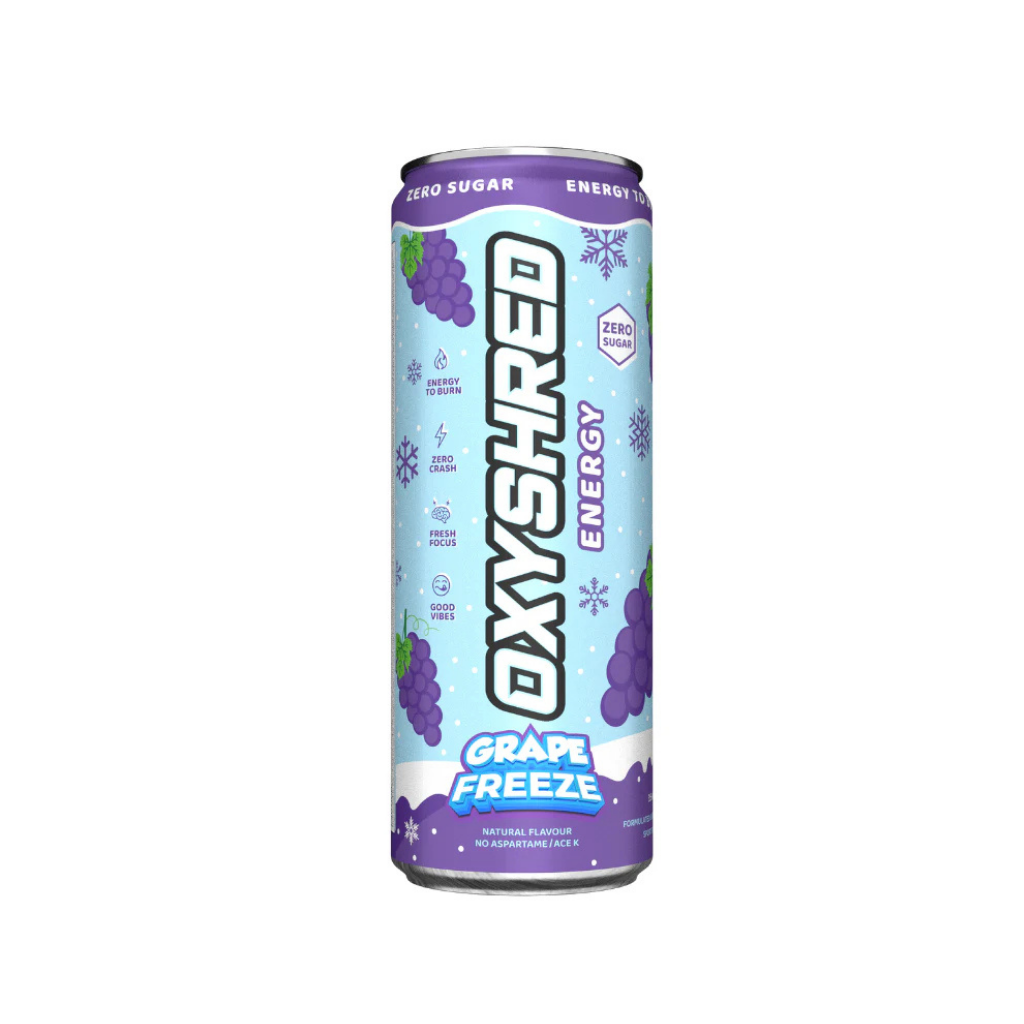 EHP LABS OXYSHRED Ultra Energy Can featuring vibrant orange and black design, showcasing the supplement's branding and packaging.