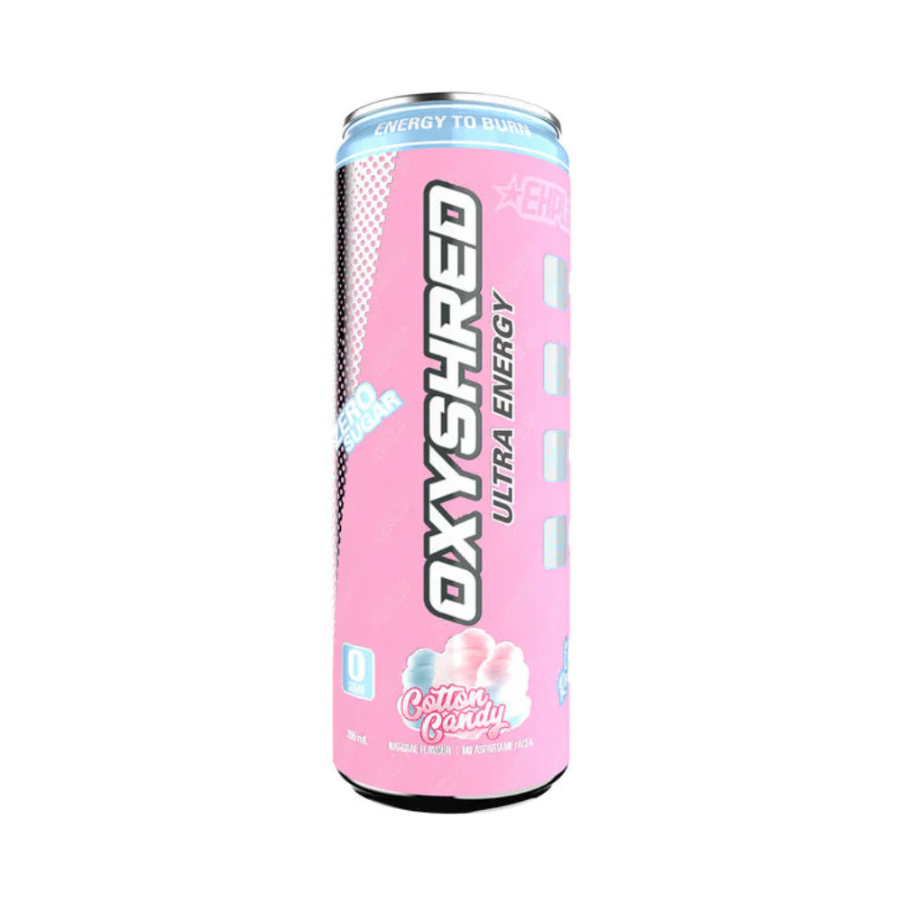 EHP LABS OXYSHRED Ultra Energy Can featuring vibrant graphics and branding, showcasing the energizing supplement inside.
