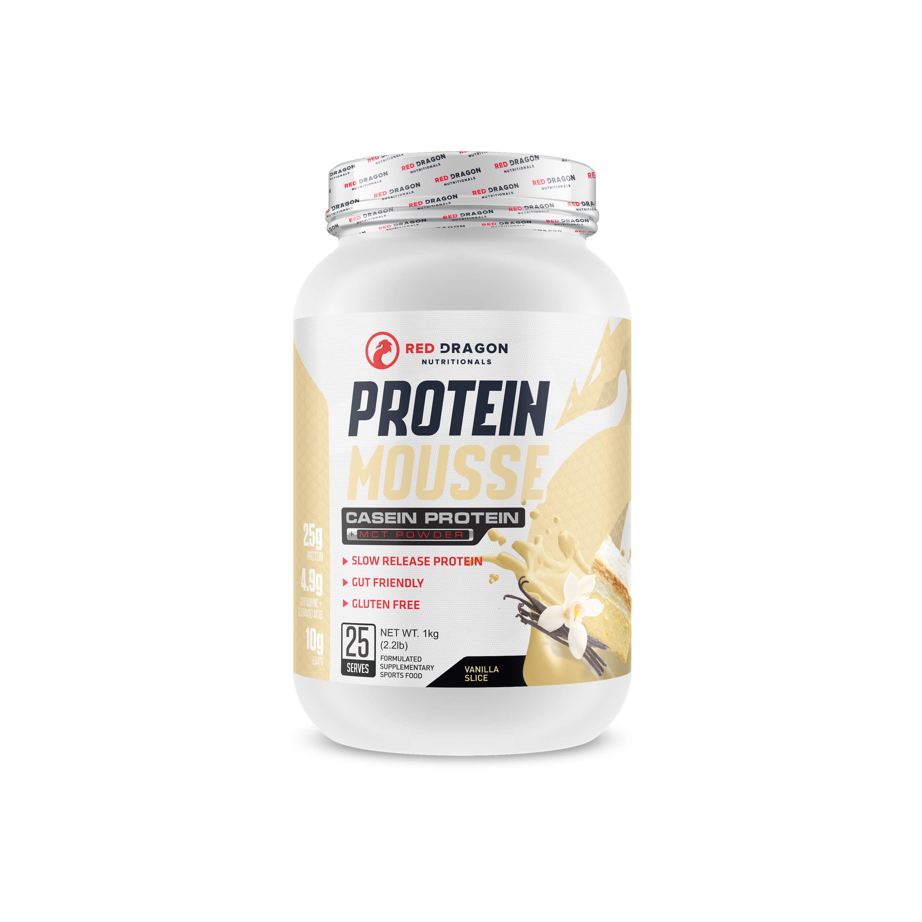 Red Dragon Nutritionals RDN Protein Mousse in vanilla flavor, creamy dessert with protein, displayed in a bowl with a spoon.
