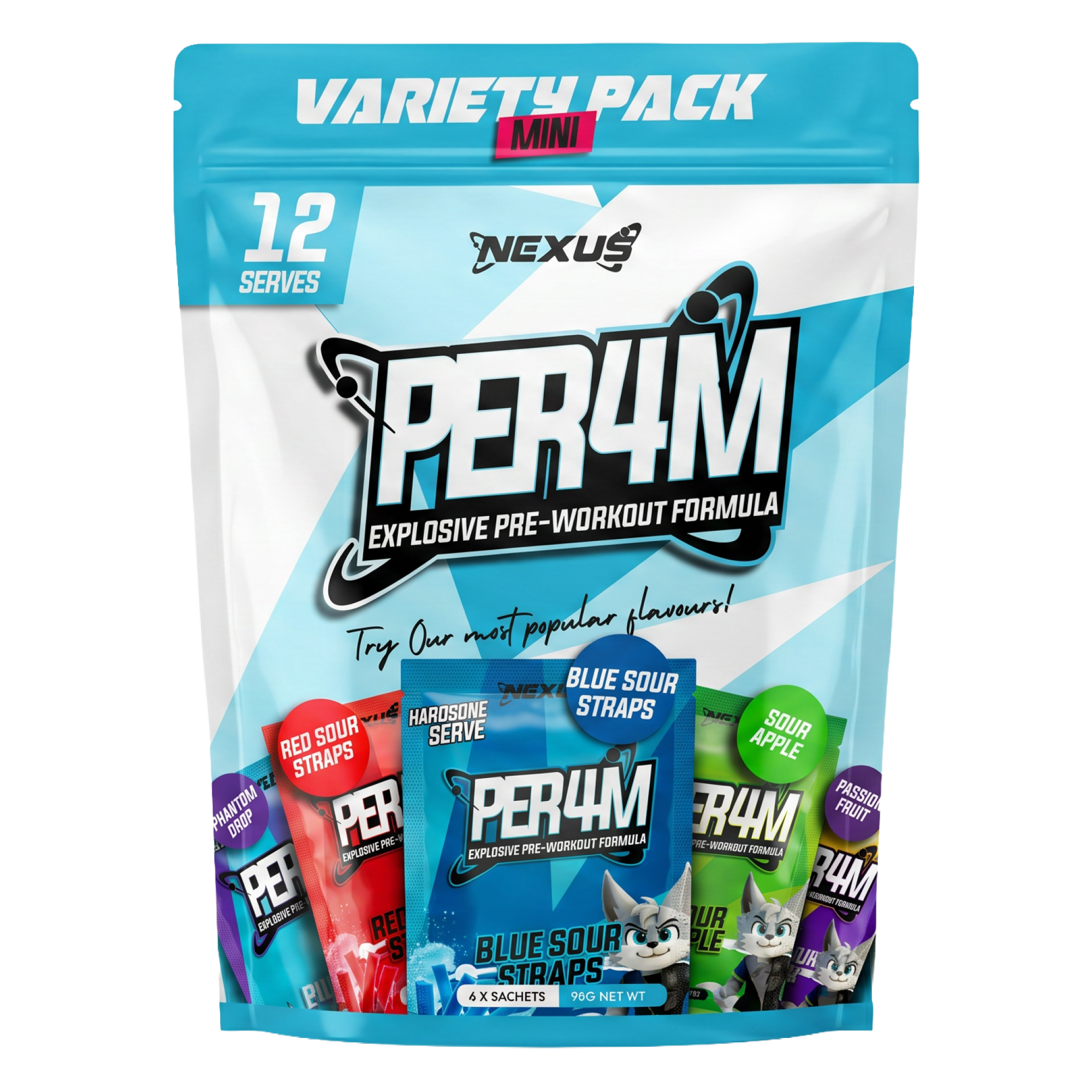 Nexus Sports Nutrition PER4M pre-workout variety pack with multiple flavor sachets displayed on a plain background.
