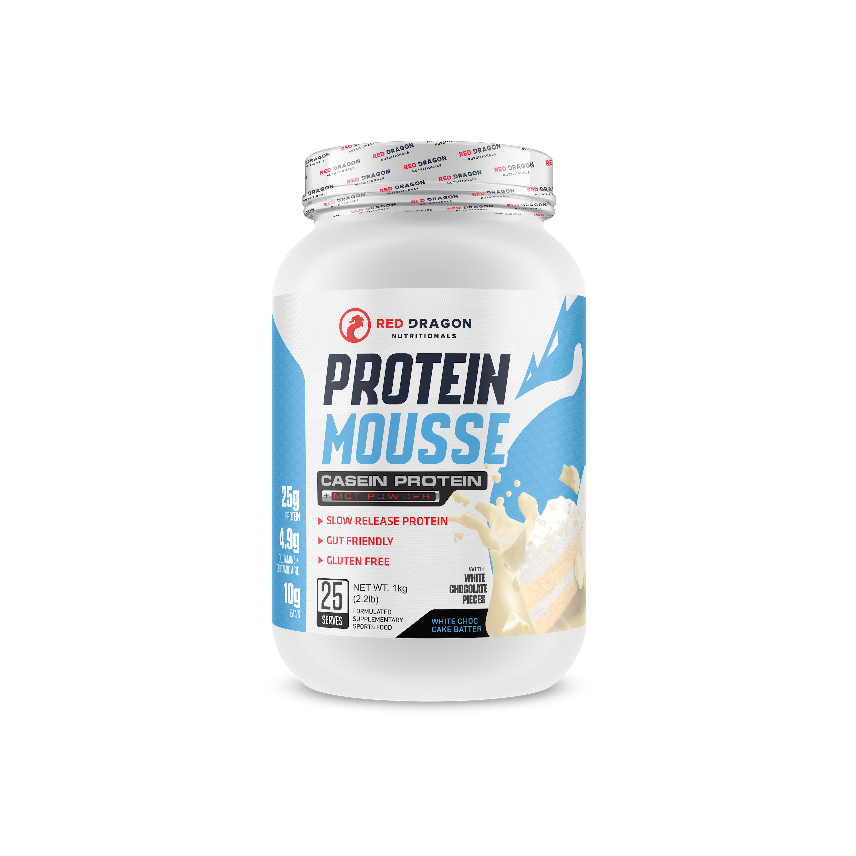 Red Dragon Nutritionals RDN Protein Mousse with white chocolate flavor, creamy texture and rich appearance in the image.
