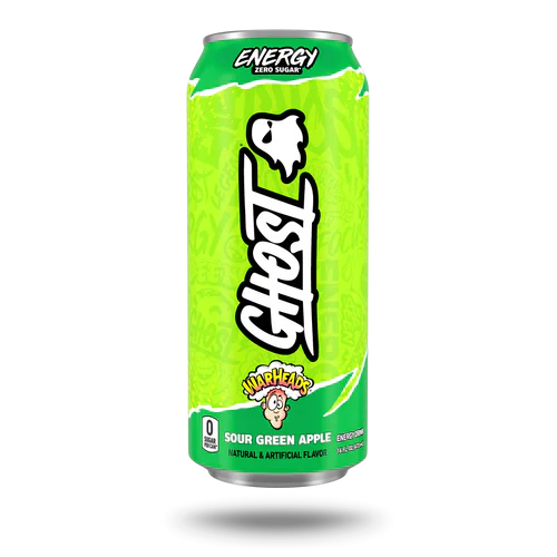 GHOST Energy can featuring Warheads SGA flavor, with vibrant red and black design and the GHOST Energy logo on the front.