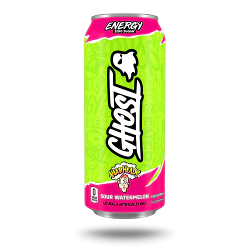 GHOST ENERGY can featuring Warheads sour candy design, vibrant colors, and branding on the front of the GHOST Energy drink can.