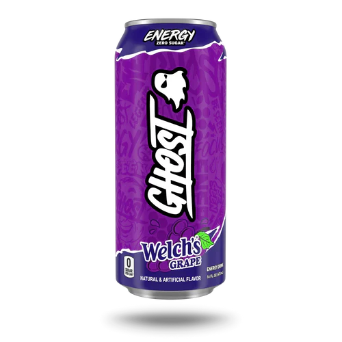 GHOST ENERGY drink can with Welch's branding, featuring colorful fruit graphics and the GHOST logo on a sleek energy beverage can