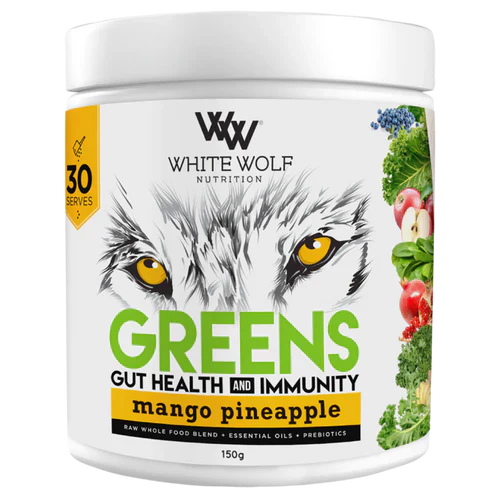 WhiteWolf Nutrition White Wolf Greens gut health supplement in mango pineapple flavor, featuring vibrant green powder packaging.