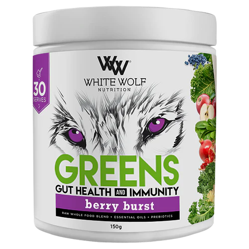 WhiteWolf Nutrition WhiteWolf Greens gut health supplement in Berry Burst flavor with 30 servings, showcasing a colorful powder mix.