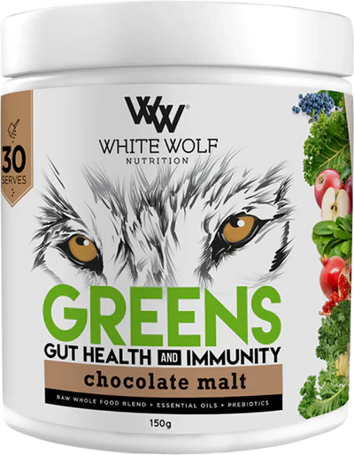WhiteWolf Greens gut health supplement in chocolate malt flavor, featuring a 30-serving container with green and brown powder.