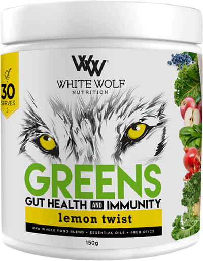 WhiteWolf Nutrition White Wolf Greens gut health supplement with lemon twist flavor in a 30-serving container.