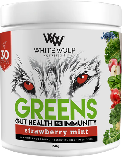 WhiteWolf Green Gut-Health supplement by WhiteWolf Nutrition, 30 servings in Strawberry Mint flavor, featuring a green-tinted powder container.
