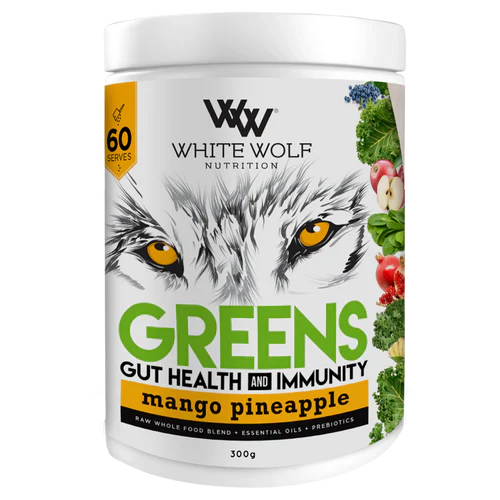 WhiteWolf Nutrition Green Gut Health supplement in Mango Pineapple flavor, featuring a 60-serving container with vibrant fruit imagery.