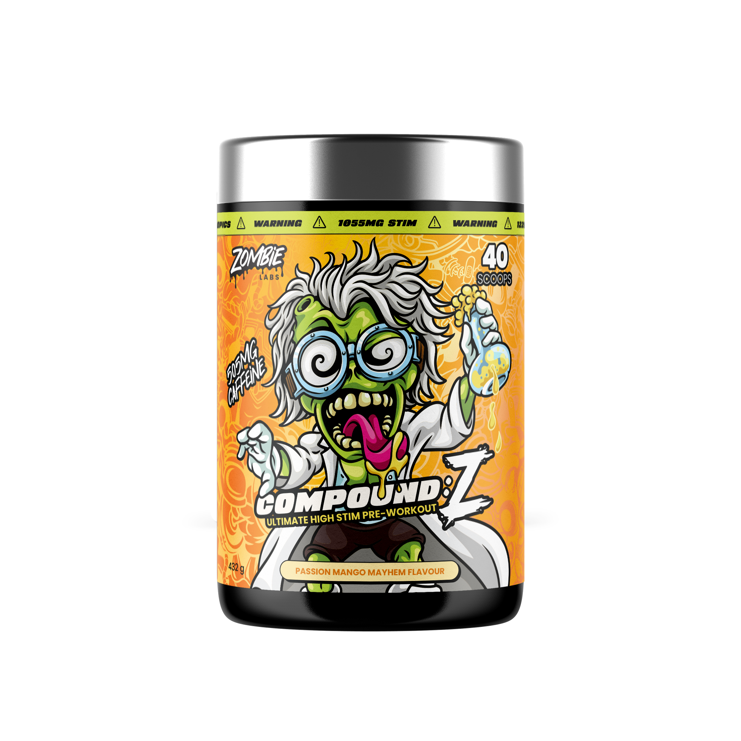 Front view of Zombie Labs Compound Z Passion Mango Mayhem supplement container, featuring vibrant label design and product branding.