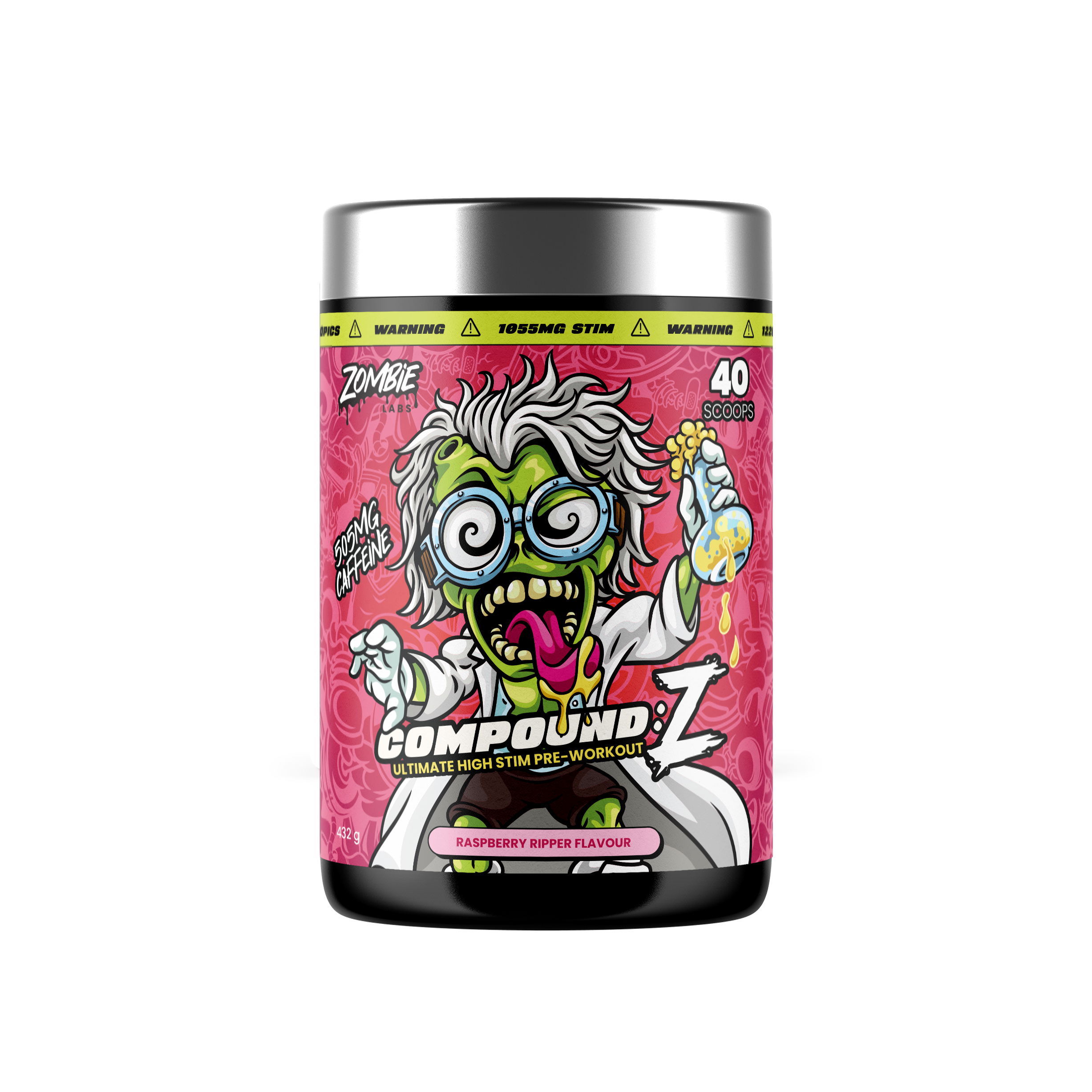 Front view of Zombie Labs Compound Z Raspberry Ripper pre-workout supplement container with label showing product name and flavor.