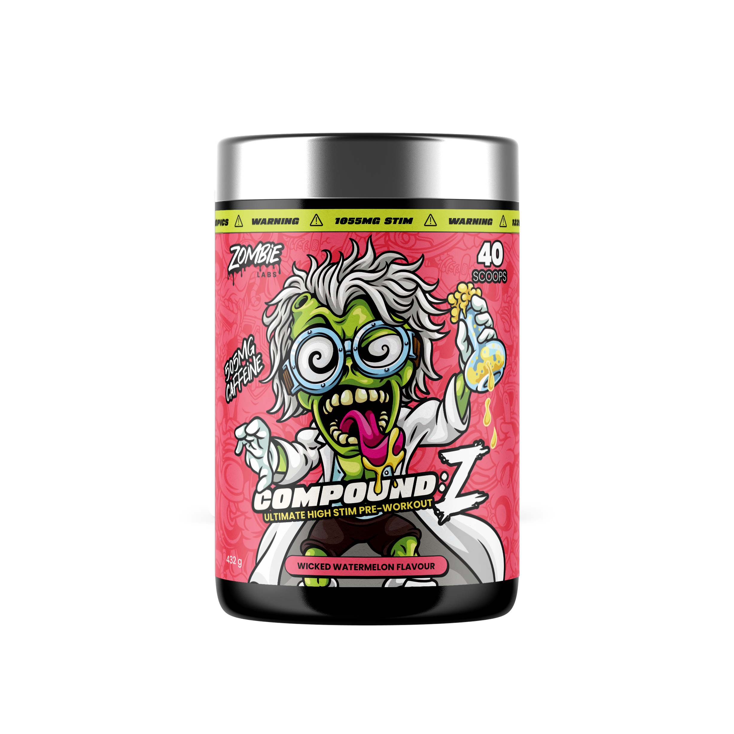 Zombie Labs Compound Z Wicked Watermelon flavor supplement container with vibrant label design and product branding.