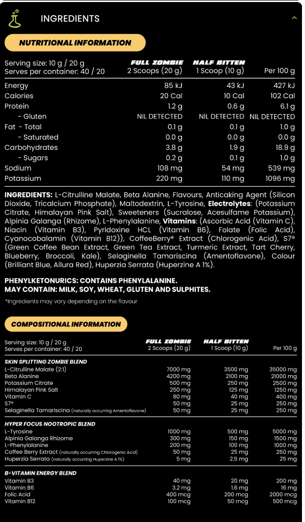 Zombie Labs Pumpz supplement bottle with zombie-themed label, featuring green and black design elements.