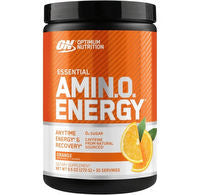 Optimum Nutrition Amin.O. Energy supplement container with orange and yellow flavor label, showing the product name and brand.