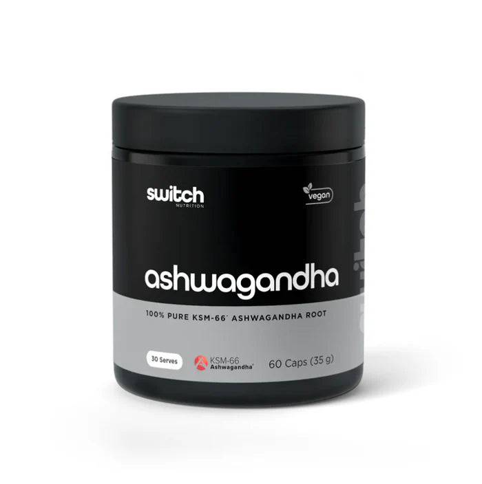 Switch Nutrition Ashwagandha supplement bottle with label, showing natural herbal product for stress support.