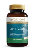 Herbs of Gold Liver Care supplement bottle with label, featuring herbal ingredients and product branding.