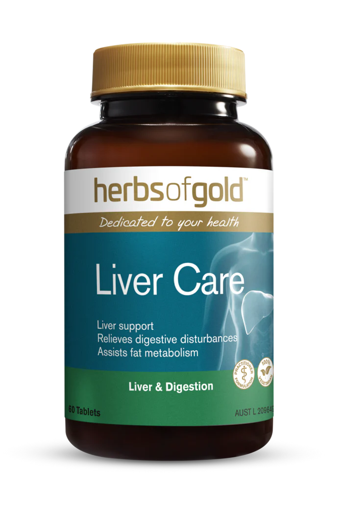 Herbs of Gold Liver Care supplement bottle with label, featuring herbal ingredients and product branding.