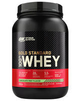 Optimum Nutrition 100% Gold Standard Whey protein powder jar with label and scoop on a white background.