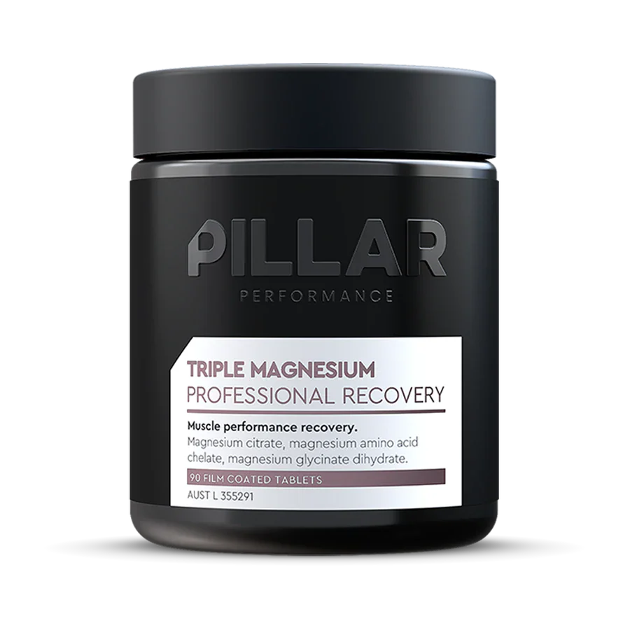 Pillar Performance Triple Magnesium Tablets bottle with label showing supplement benefits and product branding.
