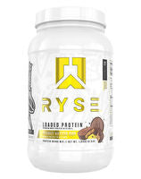 RYSE LOADED PROTEIN supplement jar from RYSE UP, showing the product label with nutrition details and branding.