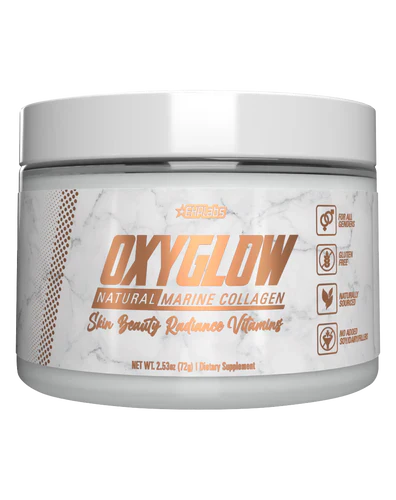 EHP LABS OXYGLOW supplement container with label, showing the product packaging and branding for skin and health support.