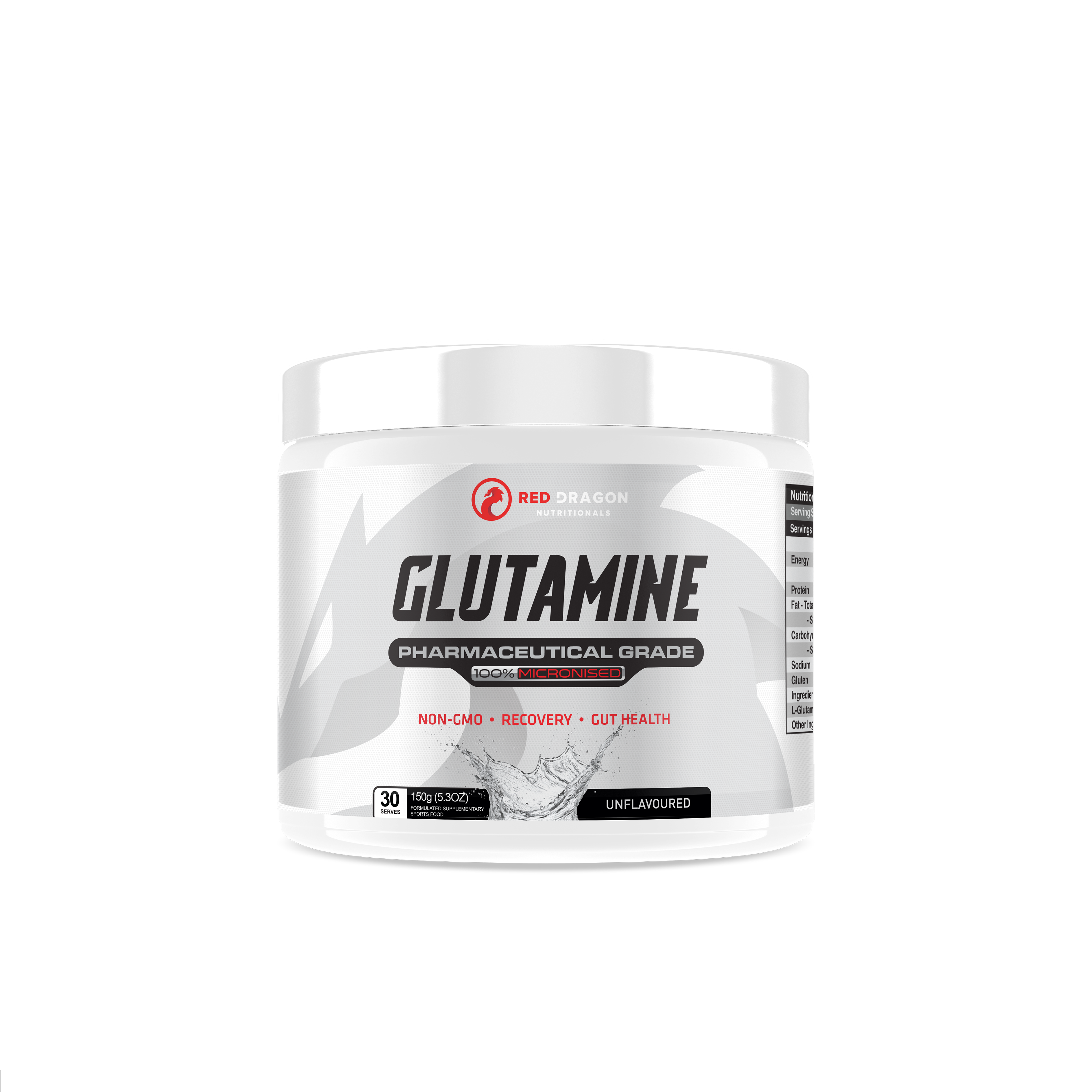 Red Dragon Nutritionals L-Glutamine supplement container with label showing product details and branding.
