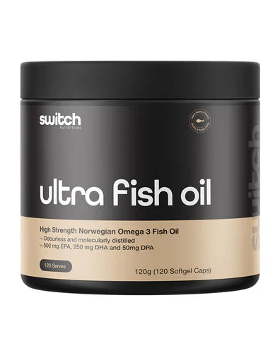 Switch Nutrition Ultra Fish Oil bottle with label highlighting omega-3 fatty acids and supplement details.