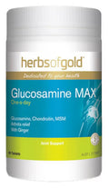 Herbs of Gold Glucosamine Max supplement bottle with label, showing white and green packaging for joint health support.