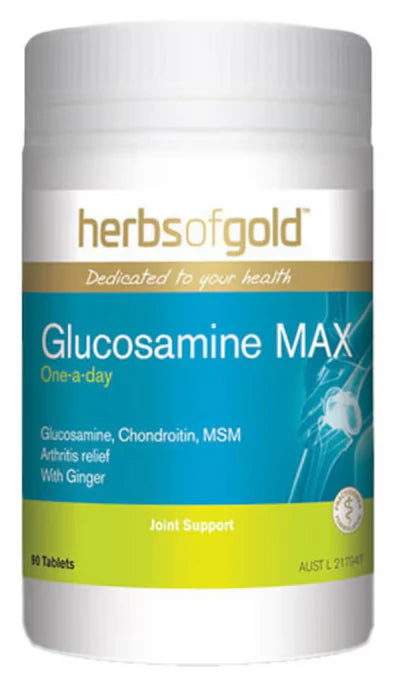 Herbs of Gold Glucosamine Max supplement bottle with label, showing white and green packaging for joint health support.