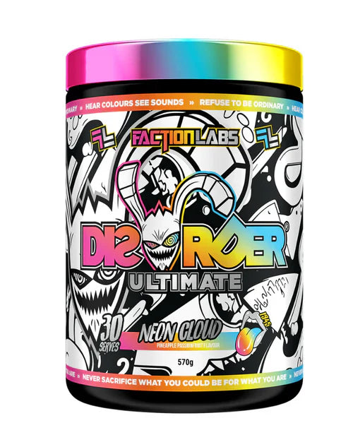 Faction Labs Disorder Ultimate supplement container with black and white label, featuring product name and branding.