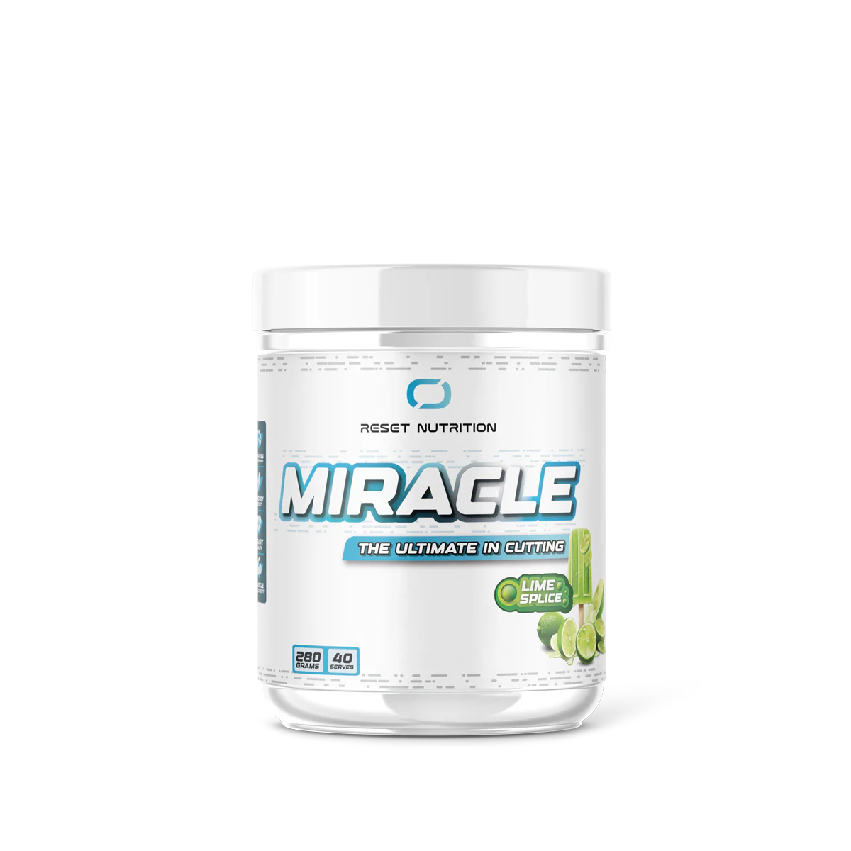 Reset Nutrition Miracle supplement bottle with label and cap, featuring a sleek design and vibrant branding.