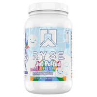 RYSE LOADED PROTEIN supplement container with black lid and label, showcasing the RYSE UP brand and product branding.