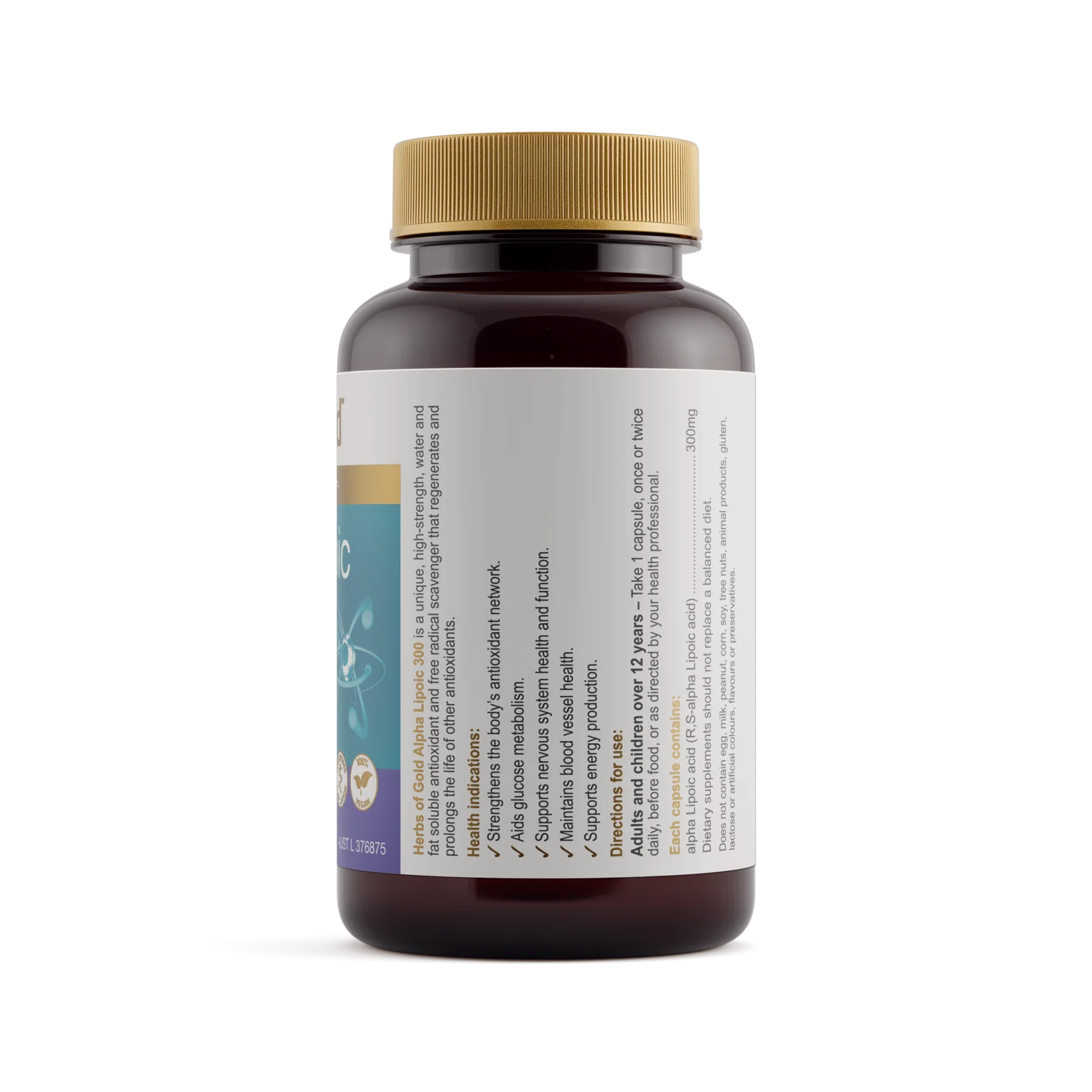 Herbs of Gold Alpha Lipoic 300 supplement bottle with label, showing capsules and herbal branding.