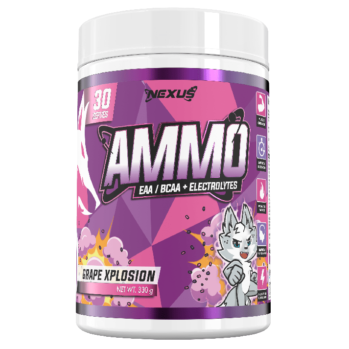 Nexus Nutrition AMMO Aminos BCAAs in Grape Xplosion flavor, showing a container of amino acid supplement with purple and blue branding.