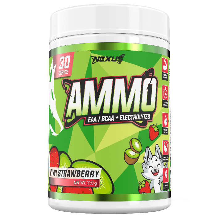 Nexus Nutrition AMMO Aminos BCAAs in Kiwi Strawberry flavor, showing the supplement powder in a container with a scoop.