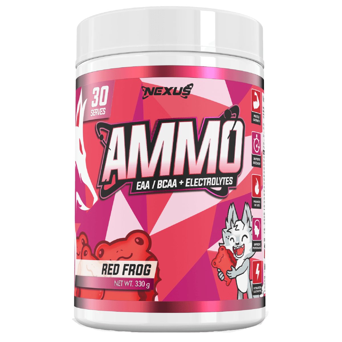 Nexus Nutrition AMMO Aminos BCAA supplement with red frog flavor, showing the product bottle and label.
