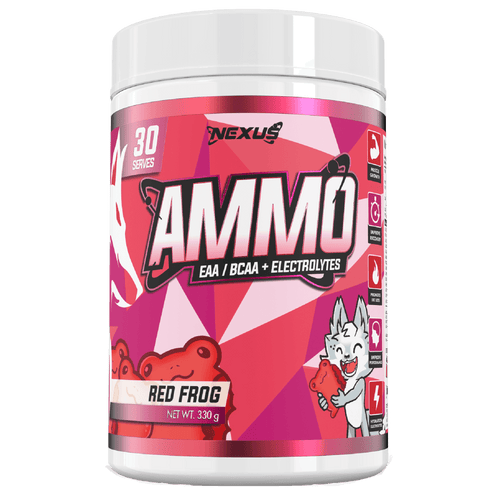 Nexus Nutrition AMMO Aminos BCAA supplement with red frog flavor, showing the product bottle and label.