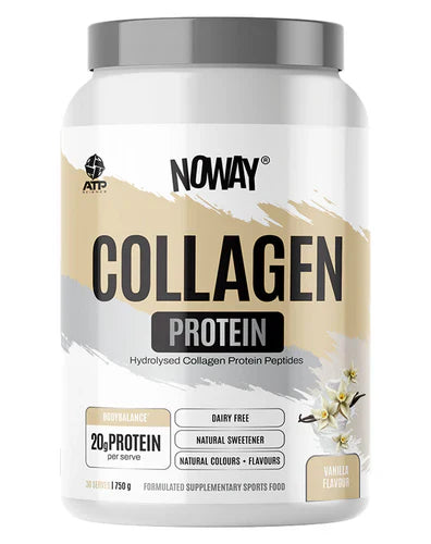 ATP Noway Collagen protein powder by ATP Science in vanilla flavor, shown in a clear container with a scoop of powder.