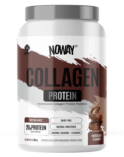 ATP Noway Collagen by ATP Science in chocolate flavor, showing the product container with a sleek label and chocolate-colored packaging.