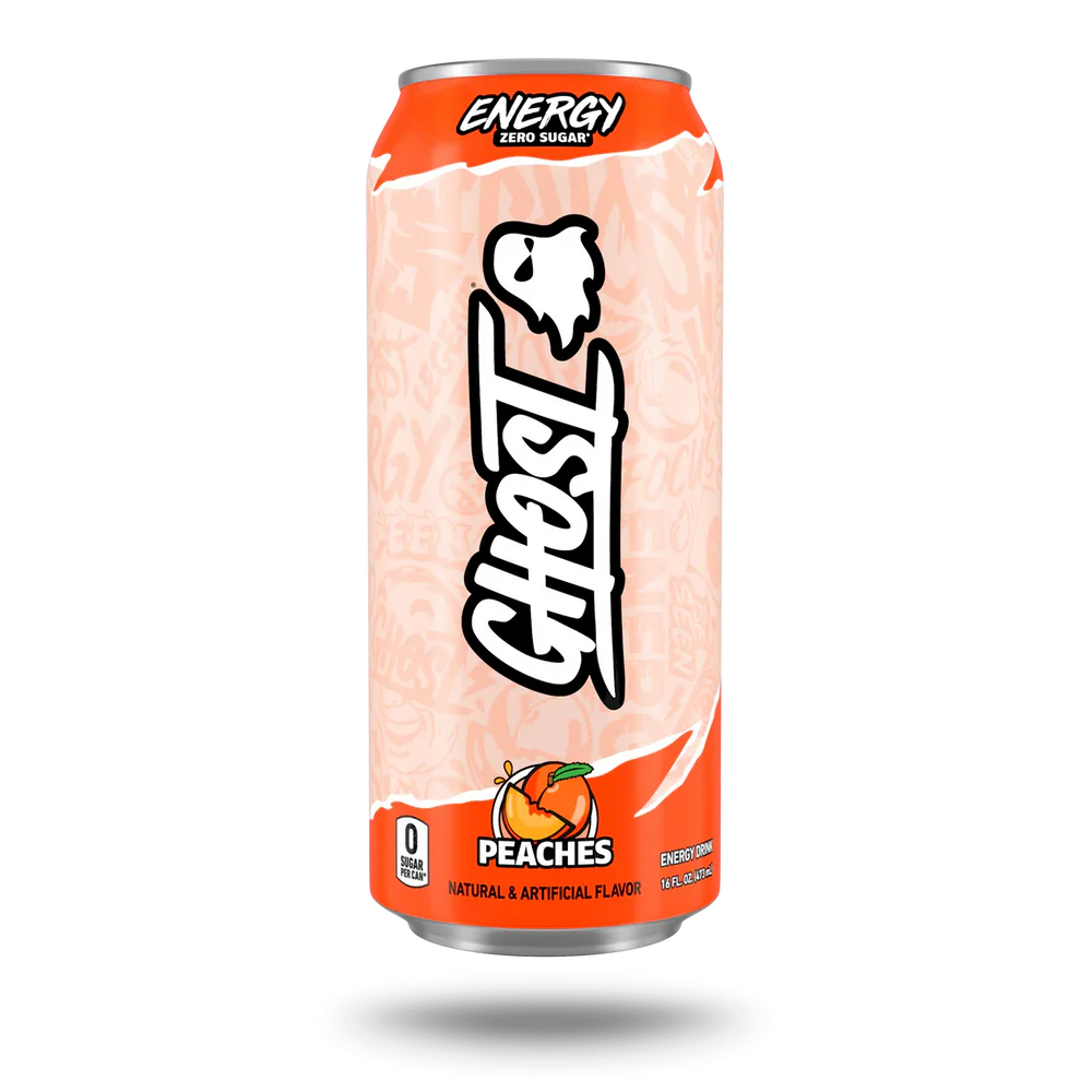 GHOST ENERGY can featuring bold black and green design, showcasing the GHOST Energy brand logo and vibrant flavor graphics.