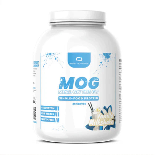 Reset Nutrition Meal On The Go shake in a sleek container with a label showing nutritional information and flavor details.