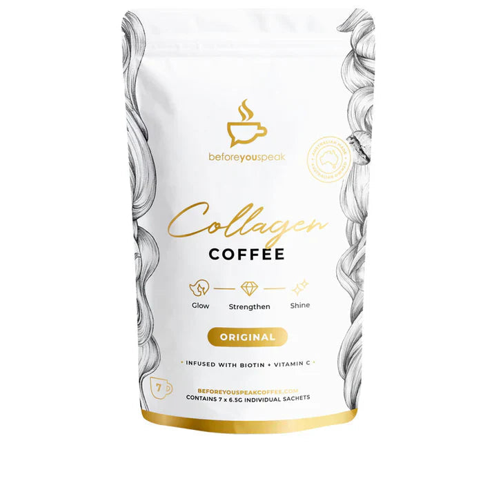 Before You Speak Collagen Coffee in a glass mug, showing the creamy coffee beverage with collagen supplement powder on top.